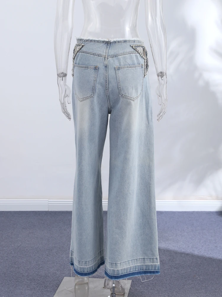 Women Low Waist Jeans Star Rhinestone Pants Cut Out Wide Leg Trousers Light Wash Distressed Denim Pants Street Woman Clothes