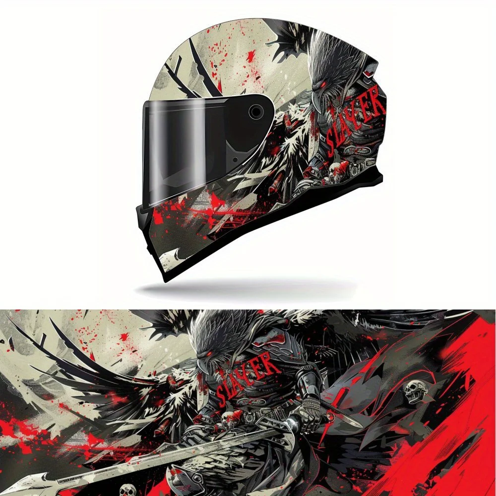 

Eagle Winged Swordsman Full Face Helmet Vinyl Wrap Sticker, Waterproof Scratch-Resistant Self-Adhesive PVC Decals, Artistic Aest
