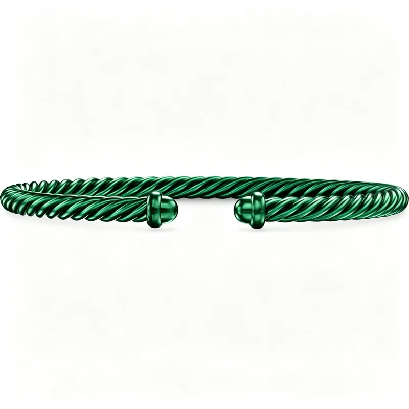 Women Green Aluminum Classic Cable Bracelet 4mm, Twisted Open Cuff Bangle with Ball Ends, Minimalist Daily Jewelry Gift