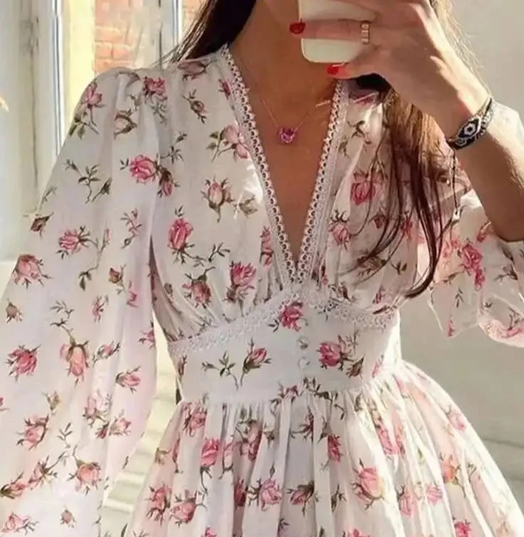 Mini abito da donna con stampa floreale a vita alta A-Line abiti estivi a maniche lunghe con scollo a V abiti casual da vacanza al mare vintage