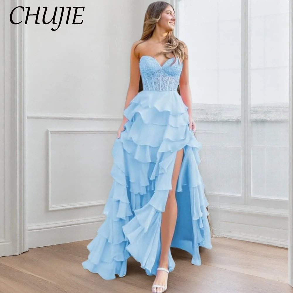 

Strapless Applique Women Prom Dress Evening Dresses Summer Beach Wedding Party Gowns Tiered Customized Birthday Celebirty Dress