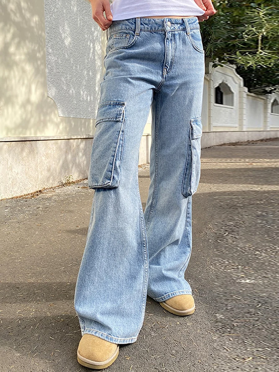 Women Y2K Wide Leg Cargo Jeans Loose Fit Low Waist Straight Leg Pants Denim Trousers with Big Pockets Vintage E-Girl Streetwear