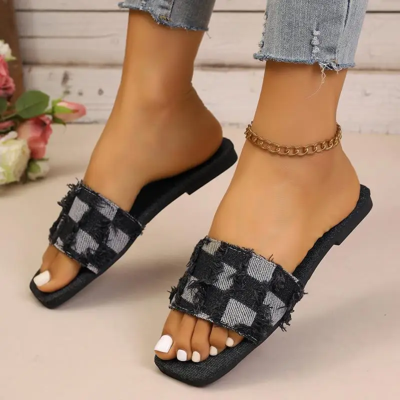 Blaue Denim-Karo-Sandalen mit flachem Absatz für Damen, Sommer, Übergröße 36-43, Sandalen mit quadratischer Zehenpartie, Streetwear, weiche Sohle, Slipper – Detail 7
