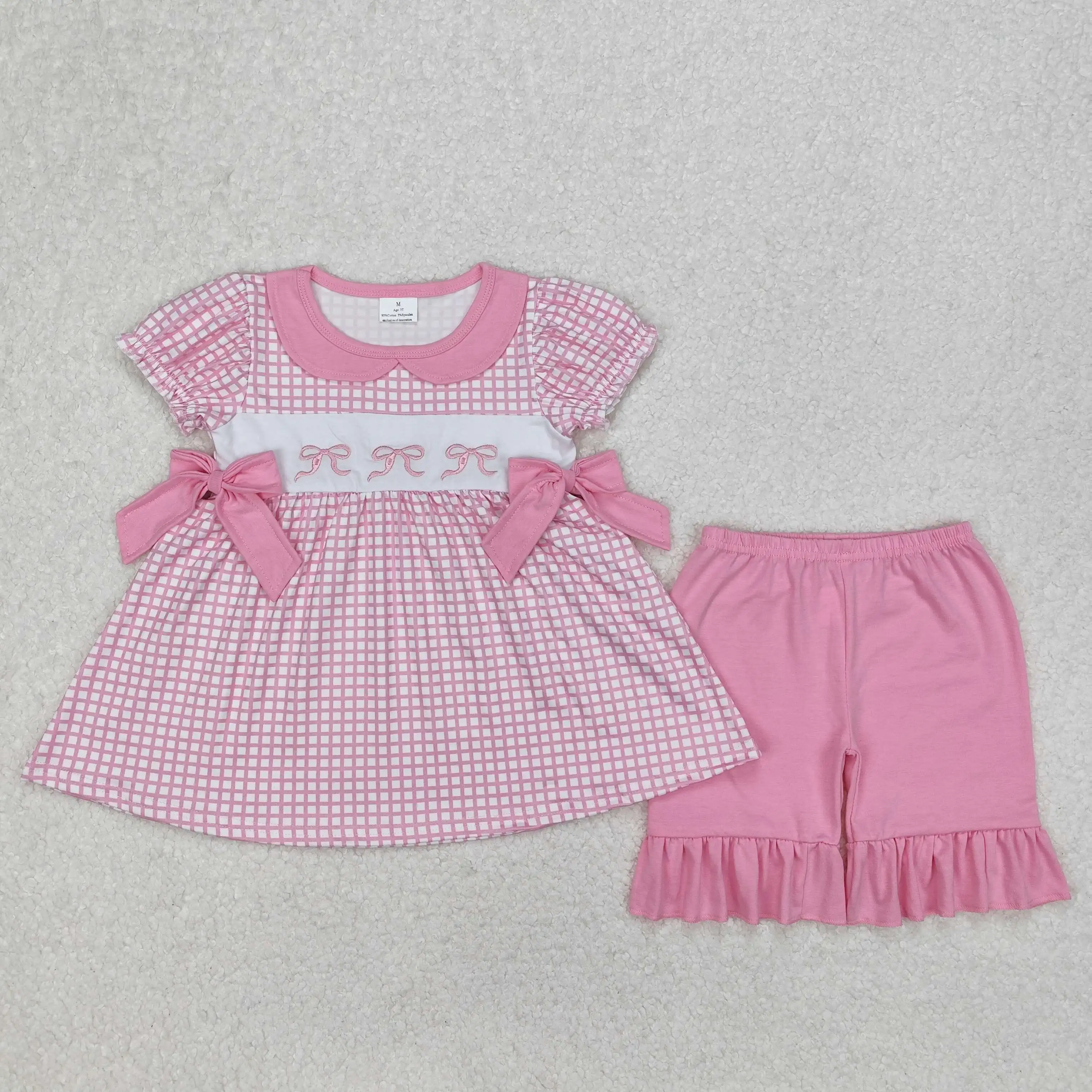 

Hot Sale Baby Girls Kids Clothing Boutique Shorts Embroidery Baby Girls Pink Checkered Bows Tunic Ruffle Toddler Clothes Sets