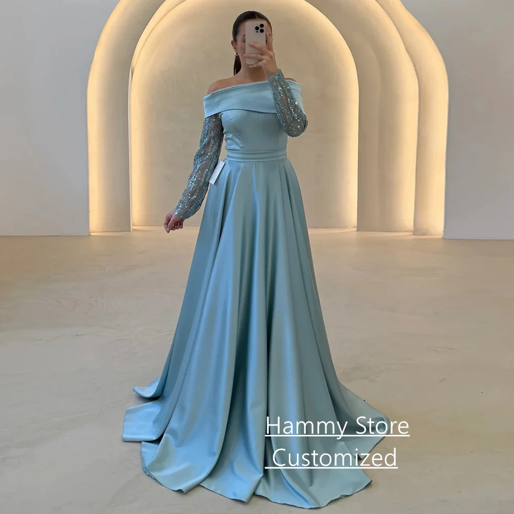 

Customized Evening Dress Fashion Boat Neck Long Sleeves Sequined A Line Sweep Train Back Zipper Party Gown Prom Dresses