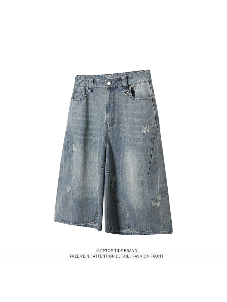 

Mr. WH Original Design American Retro Men's Denim orts High Waist Loose Straight Leg Wide Leg Seven-Five Middle Pants