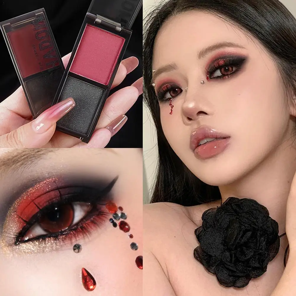 2-Color أحمر أسود سموكي عينيه لوحة ماتي ولامع ظلال العيون الظلام الشرير عيون الصباغ حفلة الهالوين ماكياج 2026 جديد
