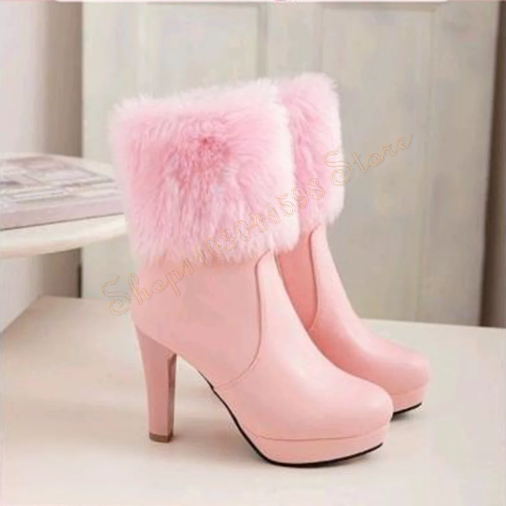 

Pink Fur Decor Ankle Boots Stilettos High Heels Matte Leather Sexy High Heel Shoes for Women Heels 2024 New Zapatos Para Mujere