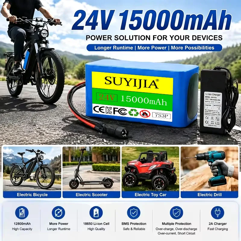 High Capacity 24V 15Ah Lithium Battery for Wheelchairs 7S3P 18650 15000mAh Rechargeable Pack with 29.4V 2A Fast Charger