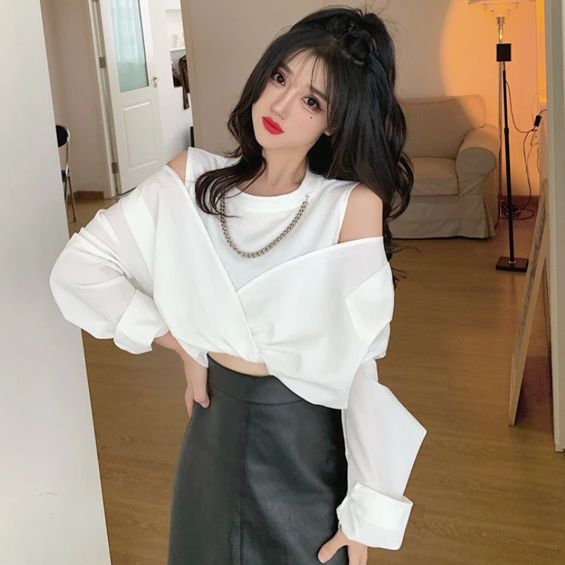 White Shirts Women Baggy Off Shoulder Temper Camisa Pure Fake Two Piece Minimalist Hotsweet Korean Fashion Clothing Spliced Crop