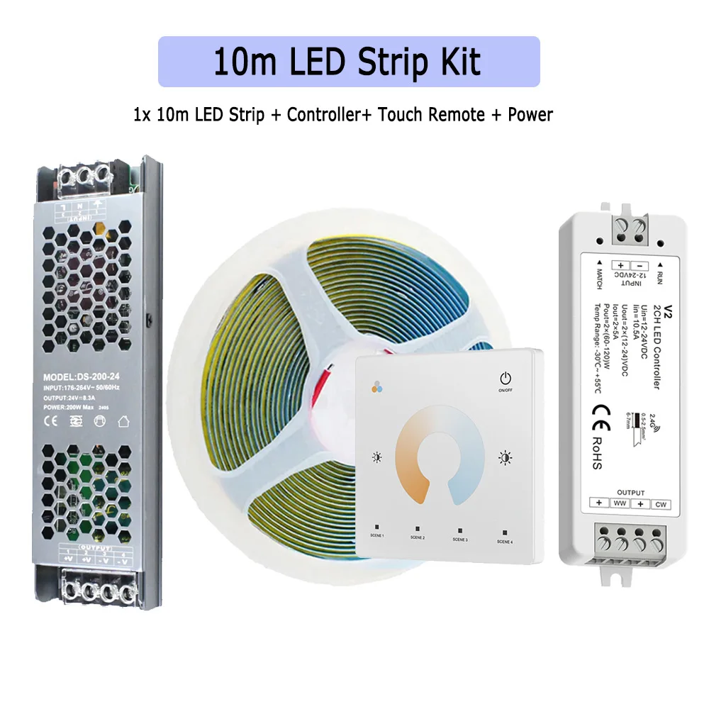 5M 10M 20M COB CCT LED-strip 24V Flexibele hoge dichtheid dimbaar kamerlicht 2.4G RF Touch afstandsbediening Dual White 2700K-6500K