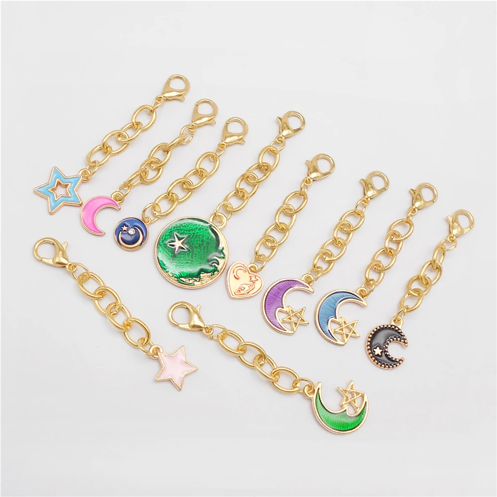 10PCS Night Sky Theme Clasp Clip Charms with Hanging Chain - Enamel Moon Star Shaped Pendant DIY Keychain Accessories
