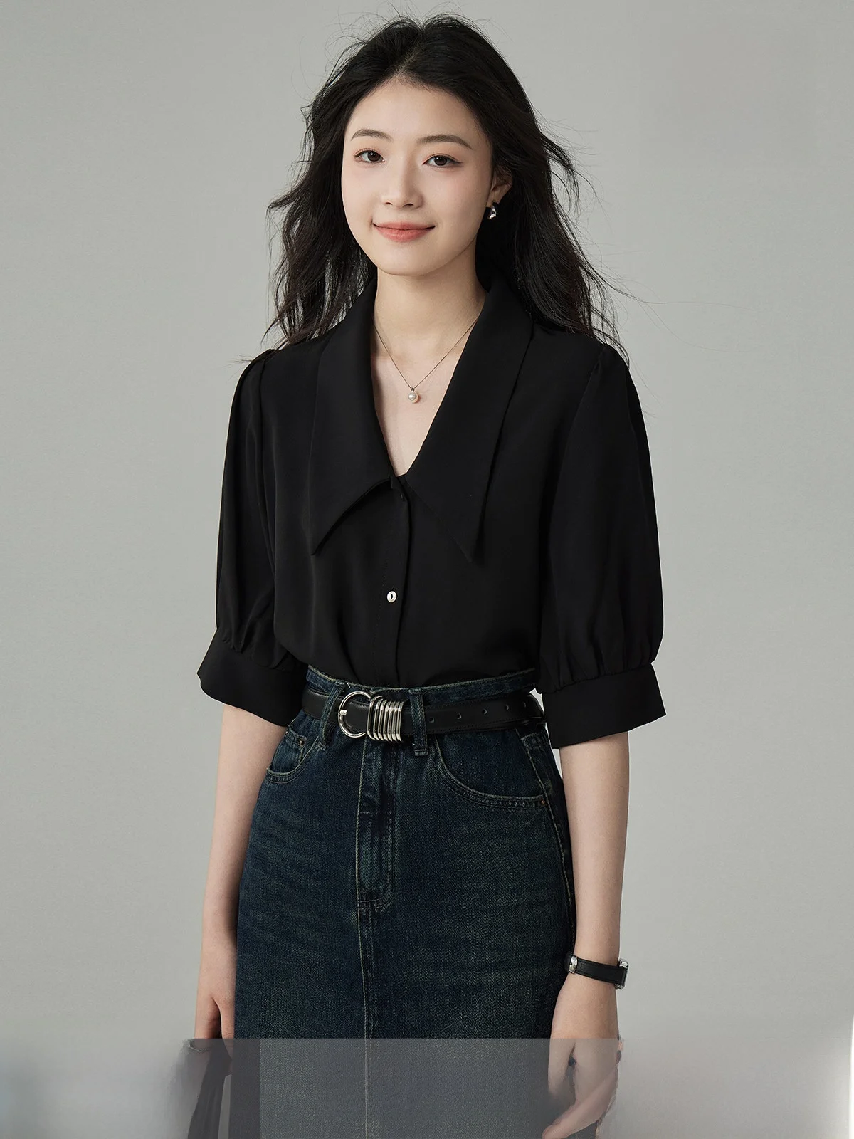 

JACOOBS Black Casual Shirt Women's Summer Design Sensation Short Sleeve Sharp Collar Top Fashionable Breathable Polyester Blend