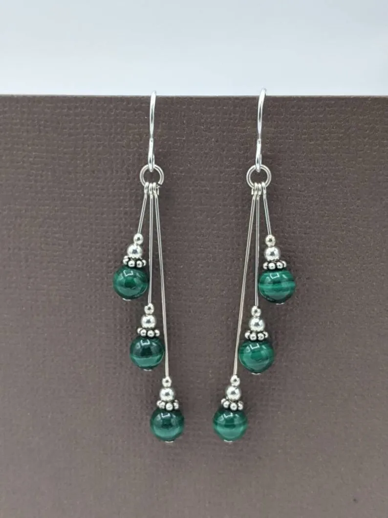 Malachite earrings, asymmetric earrings, malachite beaded earrings