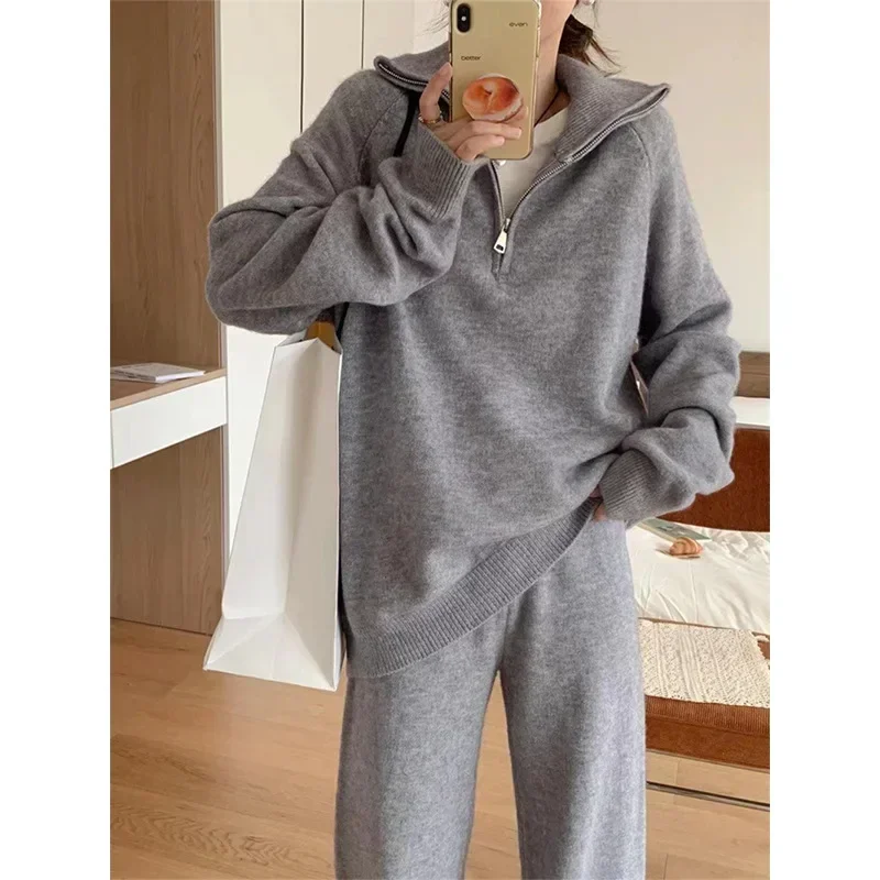 Conjunto informal europeo y americano de dos piezas con media cremallera para mujer, conjunto de suéter de punto con pantalones de pierna ancha de estilo nuevo de otoño e invierno