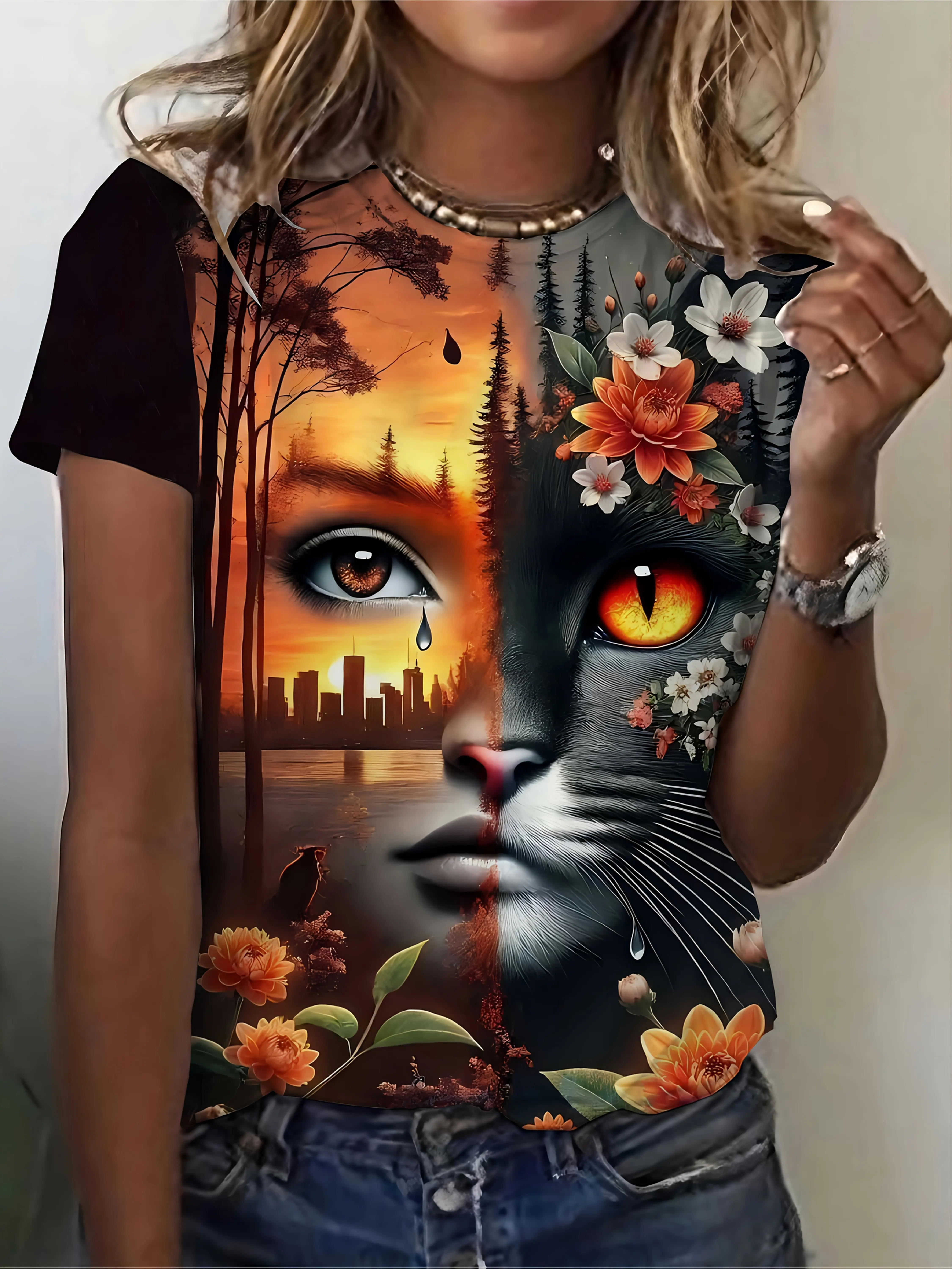 Women Crew Neck Short Sleeve T‑shirt Half Human Half Cat Face Sunset Floral Landscape Art Print Casual Summer Top