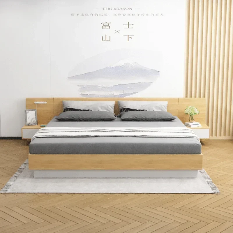 Natural Style Apartment Hotel Home Double Full King Queen Size Wood Bed Solid Base Tatami MDF Bed Frame With Headboard