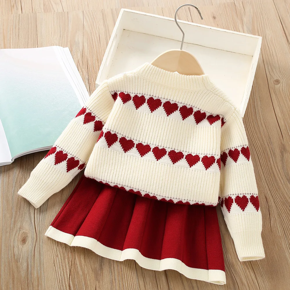 Girl\'s Knitted Skirt Set Autumn/Winter New Baby Heart Knitted Sweater Short Skirt Two piece Set for Starting School Season  wear