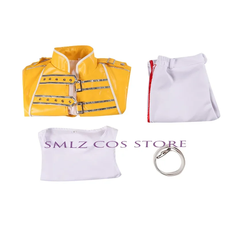 Cos freddy Mercury Cosplay Aniem Queen Lead Vocals Costume giallo cappotto uniforme vestito Halloween Party Performance Outfit per uomo