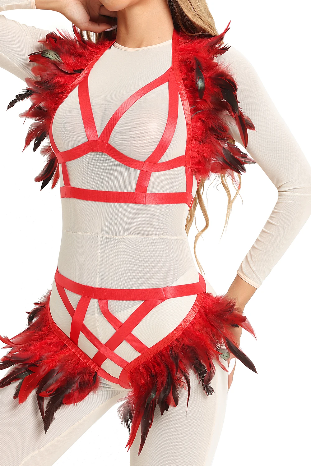 Soutien-gorge en plumes SFP pour femmes, haut court, ensemble de lingerie de danse réglable, élastique, cosplay gothique, Halloween, rave