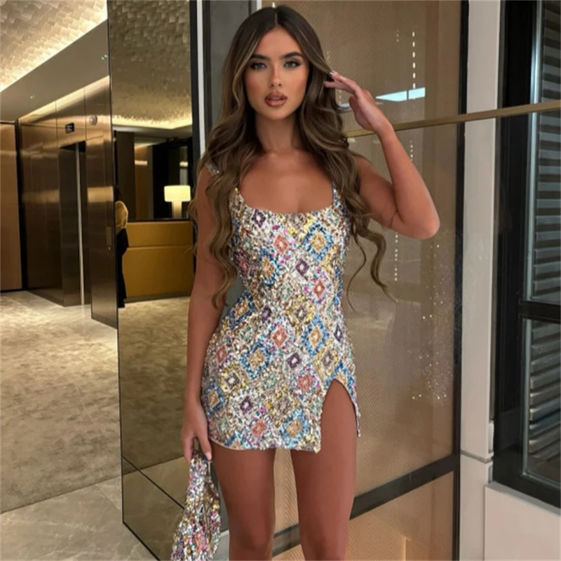

Avrilyaan Colorful Diamond Pattern Sequin Slit Sexy Dress Women 2025 Elegant Party Dress Backless Mini Summer Dress Vestidos