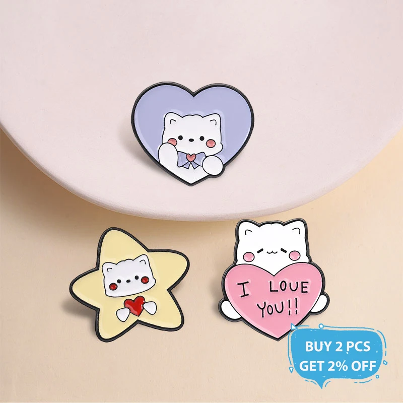 Cartoon Cat Pink Heart Enamel Pins I Love You Cat Confess Love Romantic Kitten Animal Brooch Lapel Badge Jewelry Gift for Friend