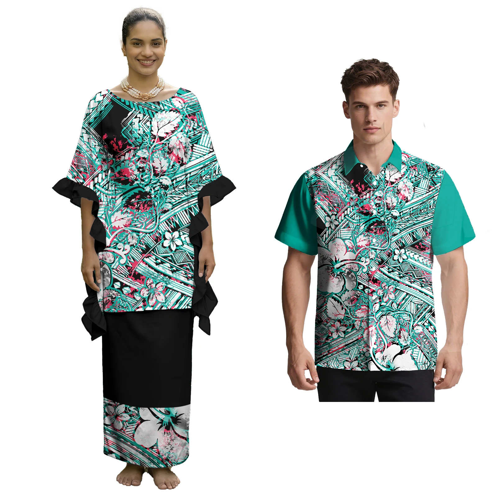 Polynesian Couple Sweet Match Outfits Aloha Casual Men Shirts Women Flounce Sleeve Samoan Puletasi 2 Piece Custom Couple Clothes view 5