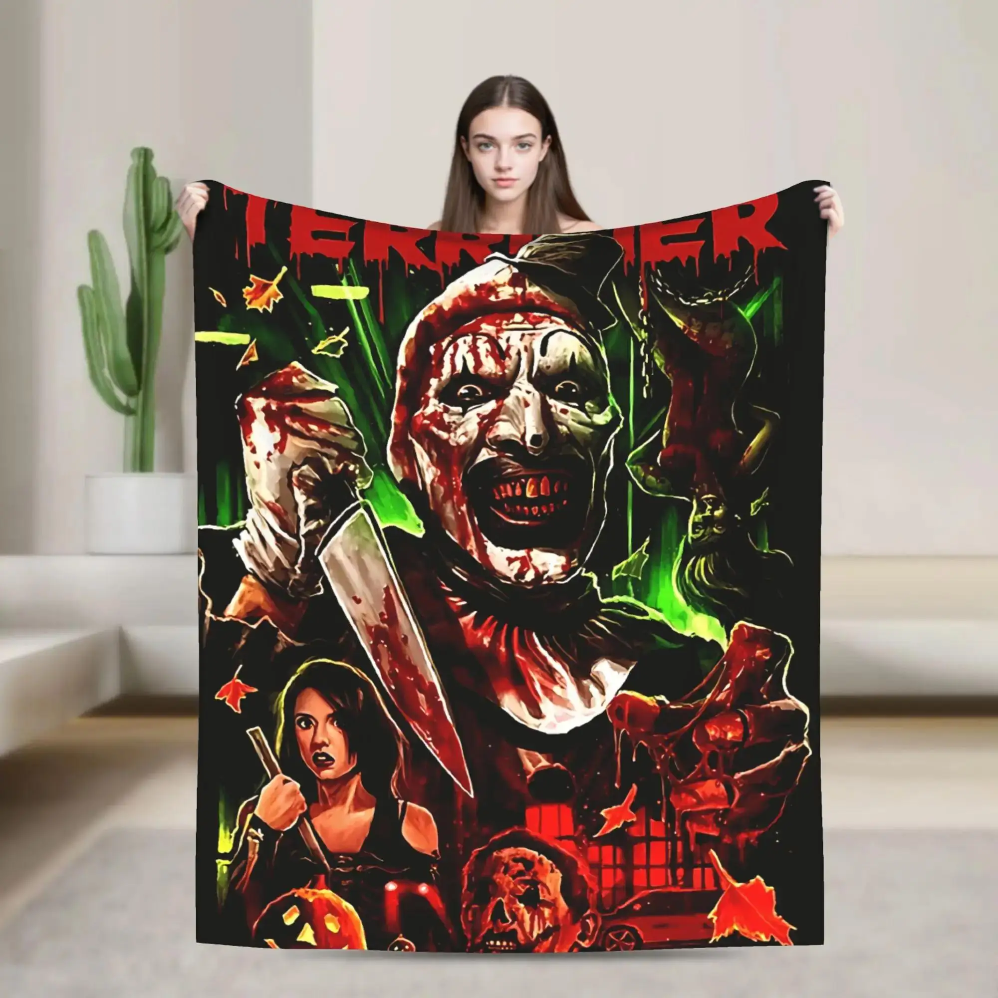 

Плед Terrifier с принтом из фильма ужасов, очень теплый, плюшевый, для спальни, пикника, фланелевое покрывало, накидка на кровать