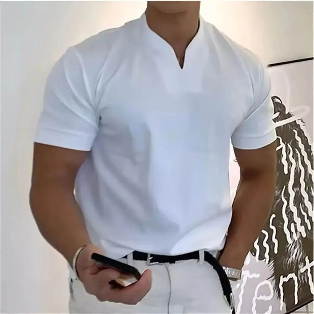 

2025 Summer New Men Fashion Trend T-shirt Short Sleeve V-neck Top Elastic Cotton Fitness Sports Loose Large Size Clothing