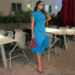 Elegant Blue Evening Dresses With Short Sleeves Feathers Arabic High Neck Knee Length Prom Dresses Robe De Soiree Party Gown