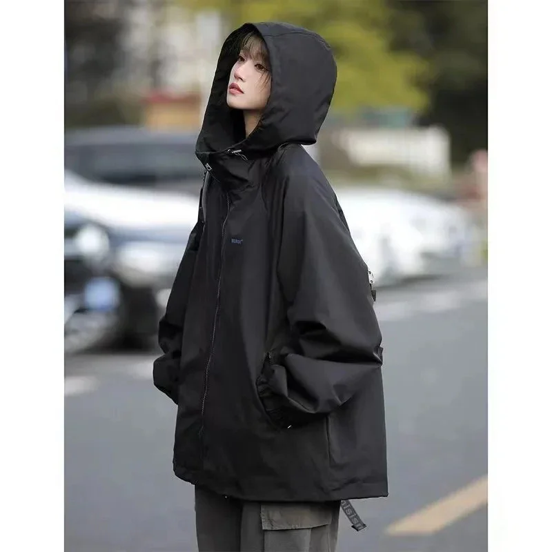 

GIDYQ Hooded Sports Jackets Women Korean Loose Solid Oversized Casual Windproof Coat Fashion Simple BF Zipper Cargo Outwear