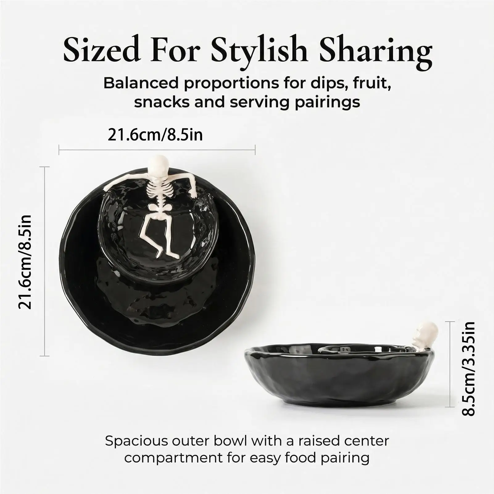 Dipping Bowls Halloween Double Layer Ceramic Skull Spooky Gothic 8.5-inch Appetizer Serving Dish for Guacamole Snack Candy Decor