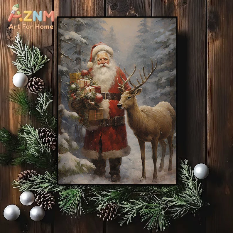 Vintage Christmas Winter Santa Claus Coming with Presents Snowy Forest Wall Art Posters Prints Canvas Painting Room Home Decor