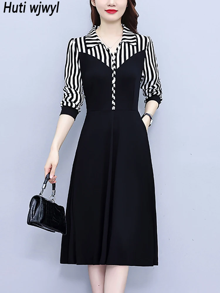 

2023 Black Patchwork Striped Fake Two Piece Midi Dress Autumn Winter Elegant Office Lady Dress Female Elegant Bodycon Prom Dress