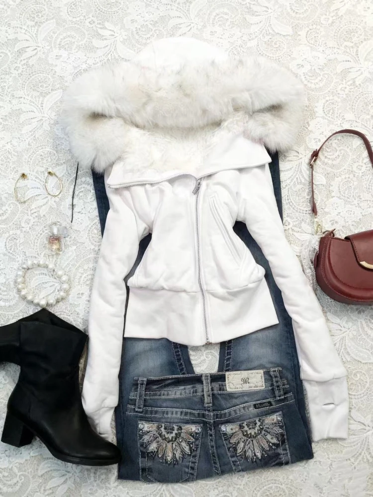 Aesthetic Vintage Slim Hooded Coat Women Winter Y2k Retro 2000s Zipper Fur Collar Hoodies Korean Streetwear Clothing 2025 New