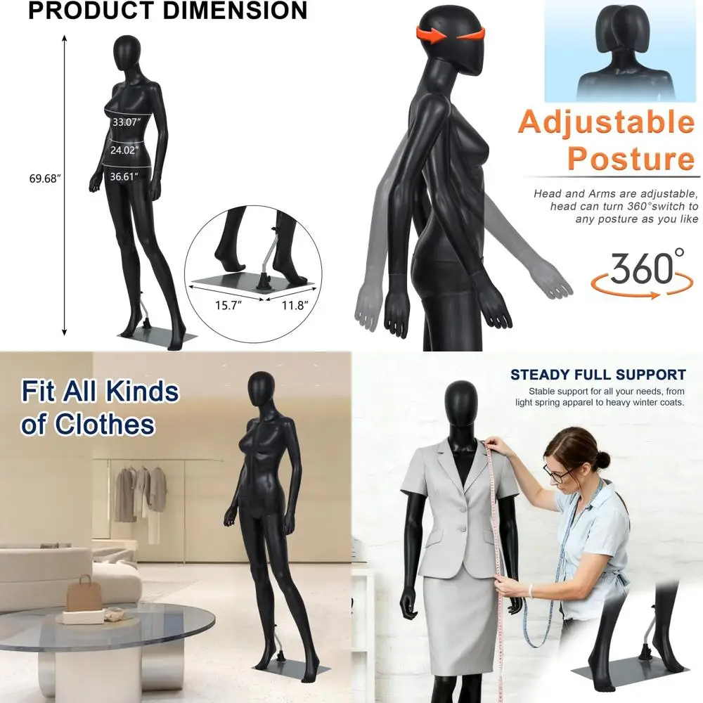 

Adjustable Female Dress Form Stand, Posable Mannequin with Metal Base, Black