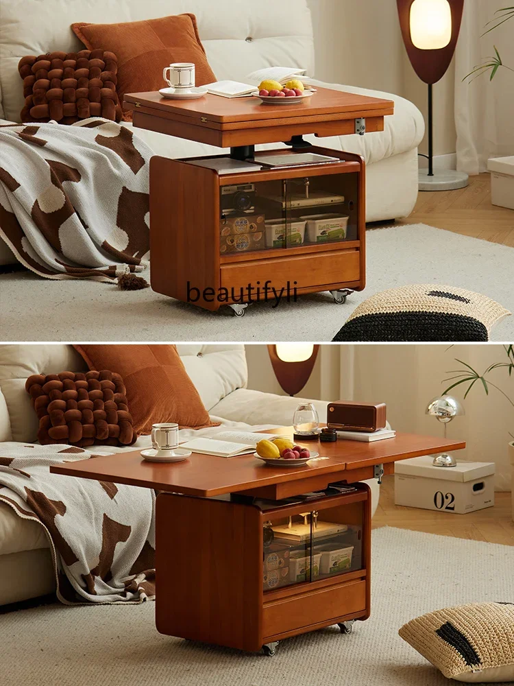 X Solid Wood Lifting and Foldable Coffee Table Movable Side Table Trolley Tea Table Side Cabinet Multi-Function with Wheels