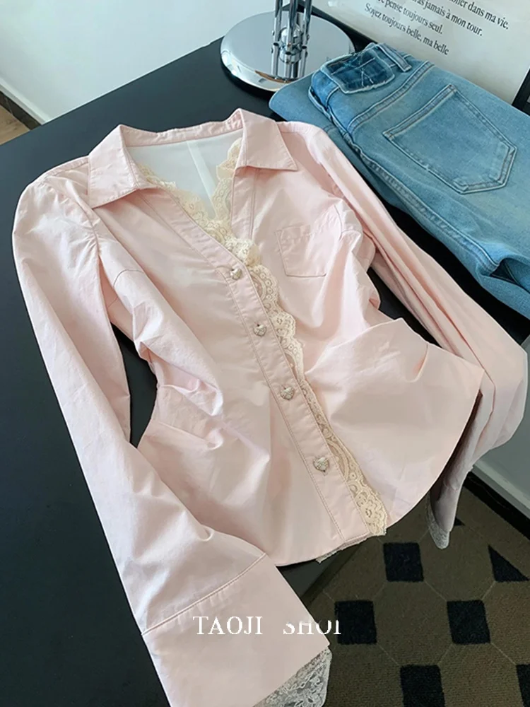 

Sweet Pink V-Neck Lace Waist-Cinching Women's Shirt Slimming Design Spring 2026 Fashionable Casual Cotton Long Sleeve Top