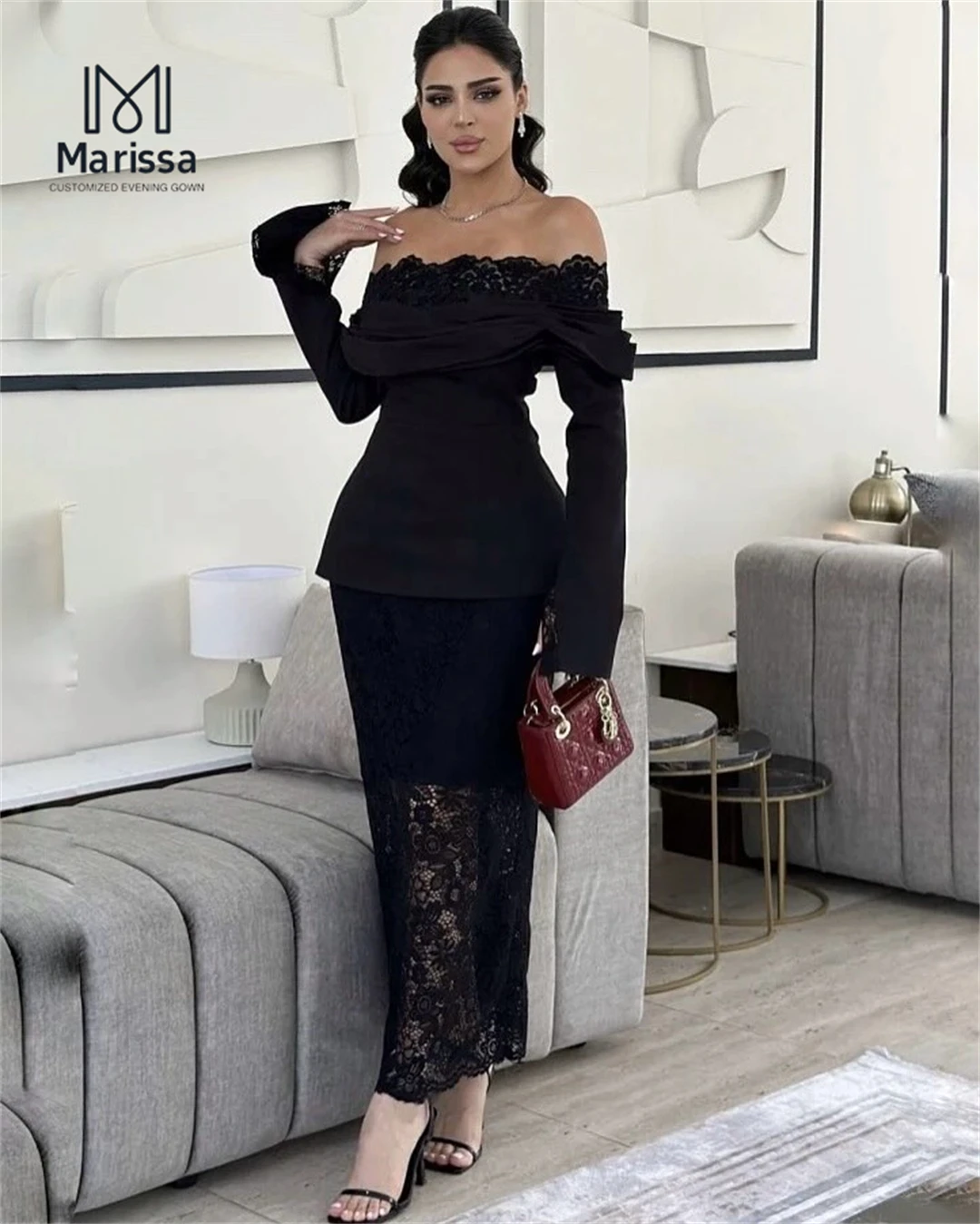 Marissa elegante vestidos femininos para festa de casamento vestidos mulher 2025 feito sob encomenda cauda de peixe vestido de baile de luxo renda preta noite