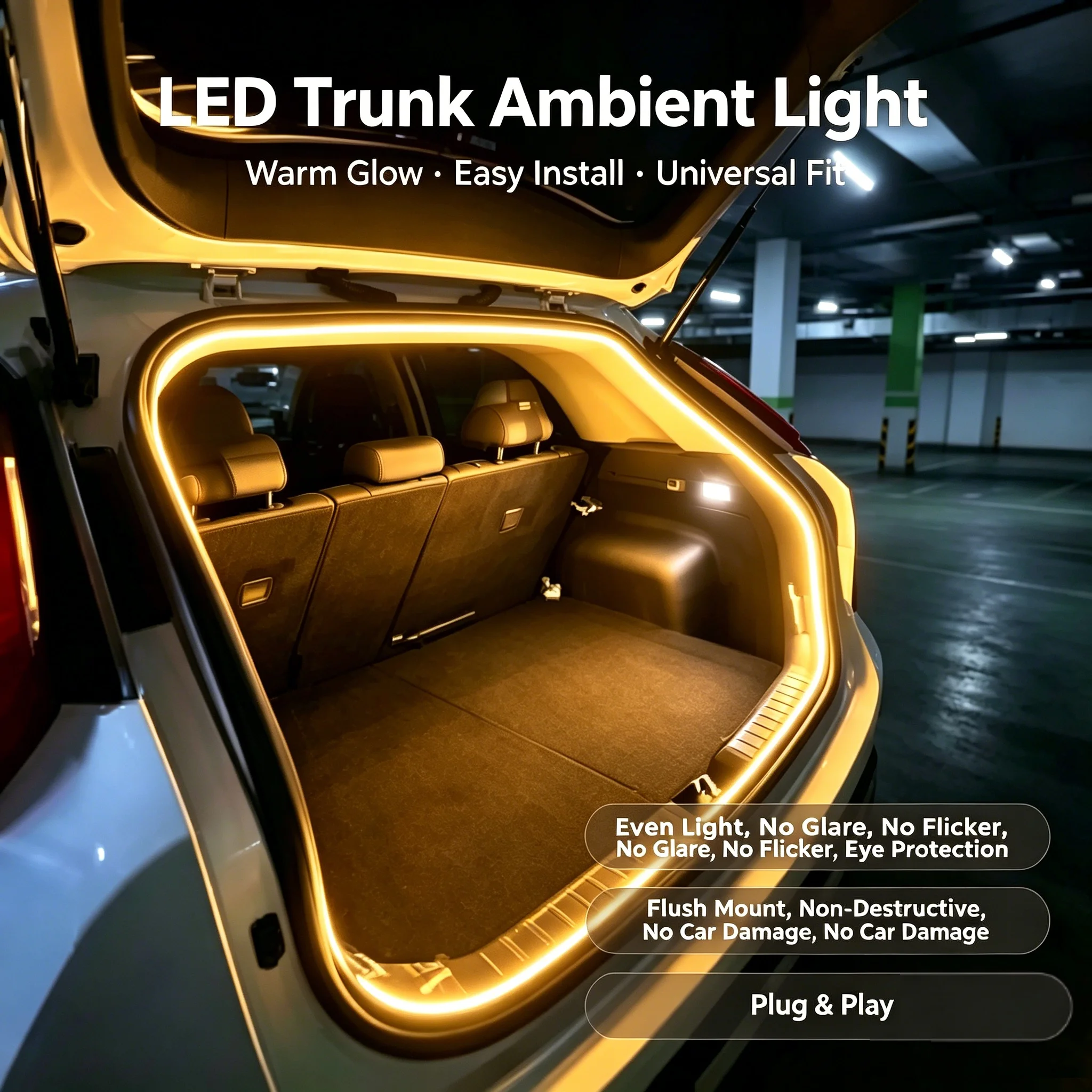 Hidden Embedded Car Trunk LED Ambient Light Strip, Flicker-Free, Safe & Waterproof, Upgrade Trunk Lighting, Easy to Install