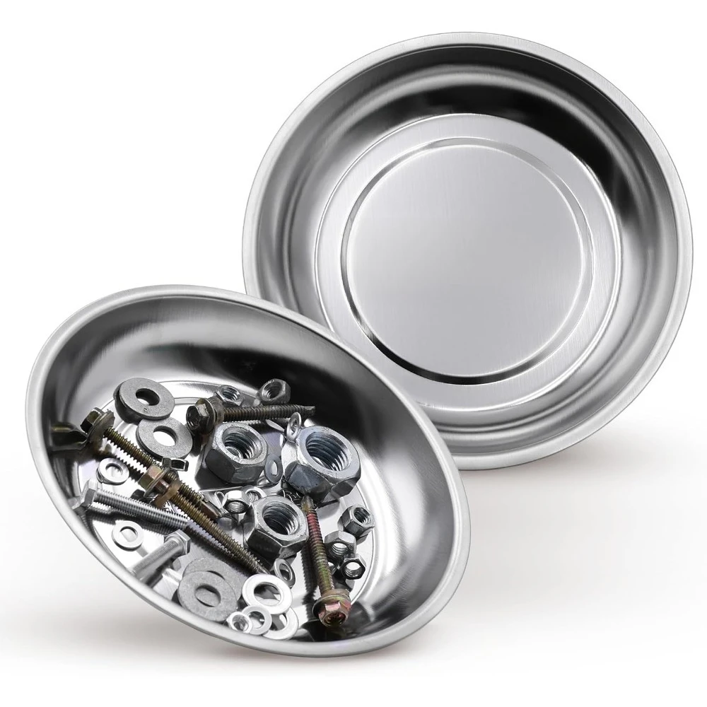 2Pcs Magnetic Parts Bowl 3 Inch Double‑Sided Magnet Stainless Steel Screw Nut Storage Tray for Auto Repair Hand Tool Organizer