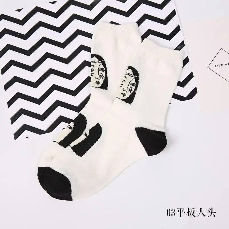 Women's Socks New Japanese Cotton Mid Length Black and White Character Fashion Cartoon Stripe Plaid Academy Style Cotton Socks