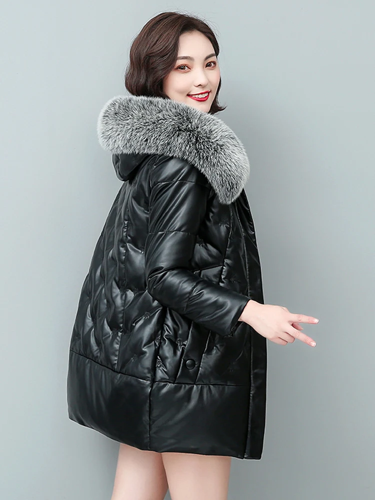   Abrigo de Piel Sintética de Longitud Media para Mujer, Marca Ning, de Cuero Genuino, Nuevo Modelo de Invierno 2025, Estilo Coreano, Holgado