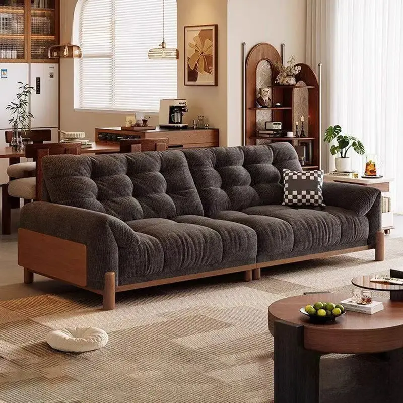 Sofa living room simple small apartment sofa solid wood fabric cloud retro straight row