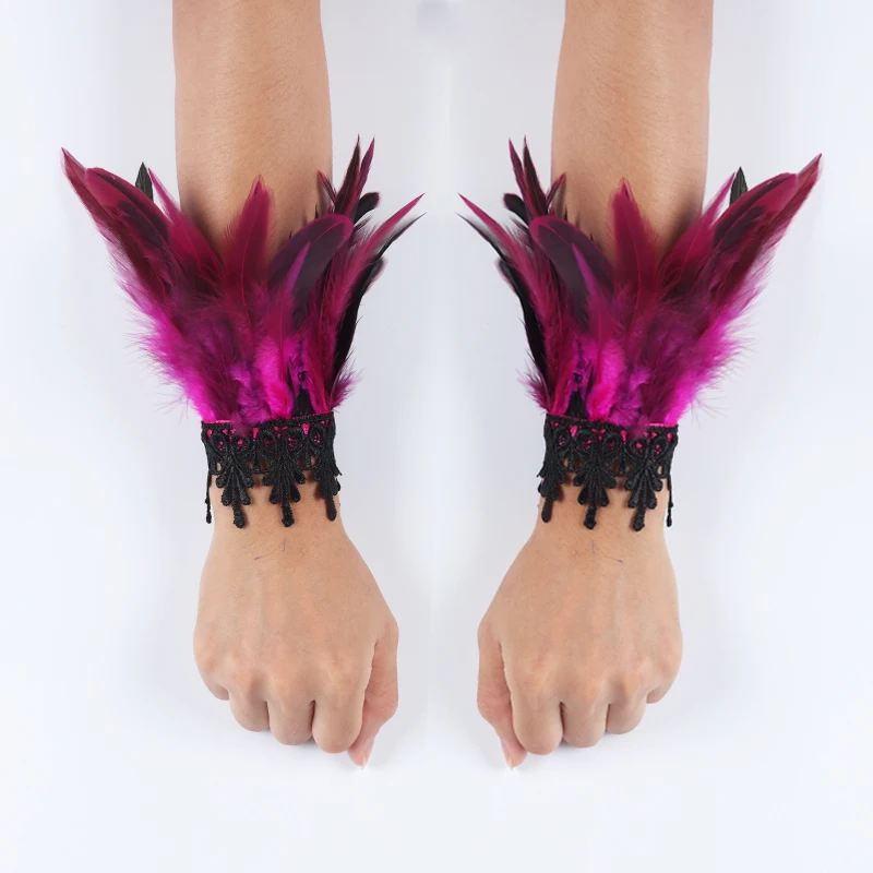 Punk Gothic Gloves Feather Wrist Cuff Carnival Stage Show Showgirl Natural Dyed Rooster Feather Arm Warmer Party Cosplay Costume