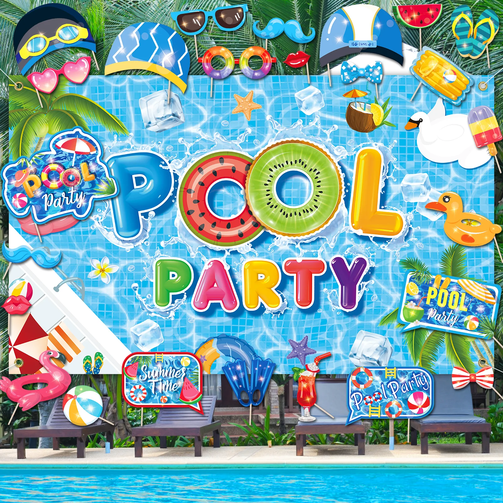 

Pool Party Decorations Backdrop with 25 PCS Photo Booth Props - Pool Party Banner 72x44 Inch Summer Pool Party Background