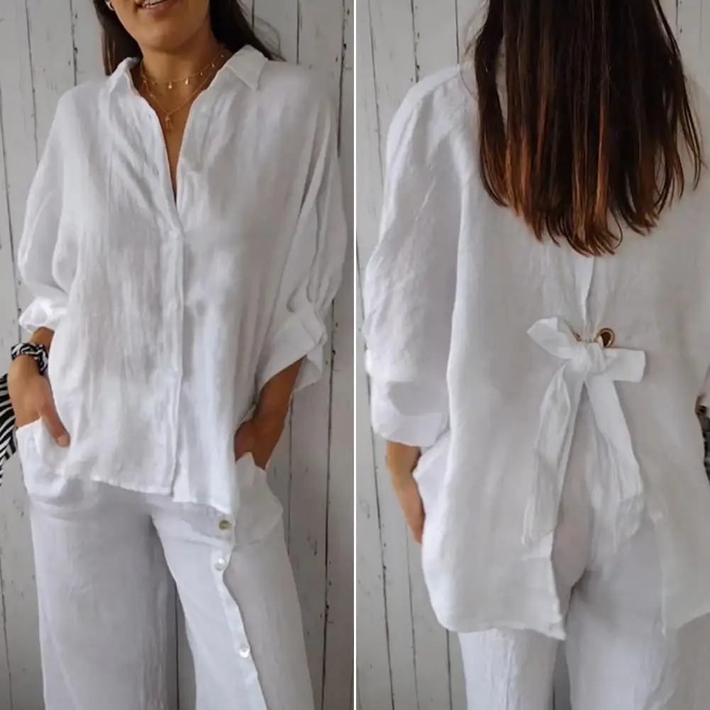 

2024 Back Slit Bow Tie Women Shirt Soft Thin Cotton And Linen Irregular Hem Women Casual Shirt Lapel Blouses Shirts Tunic Blusas