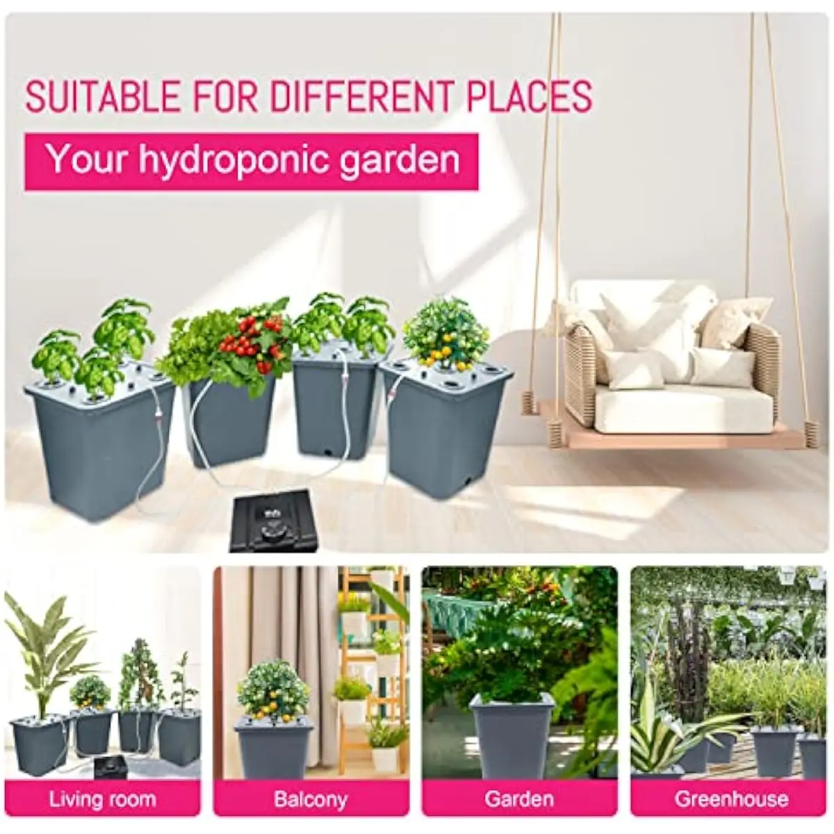 4-Unit Deep Water Culture Hydroponic Setup with 10-Liter Buckets, Integrated Water Level Sensors, 5-Slot Lids per Unit, Quad-Out
