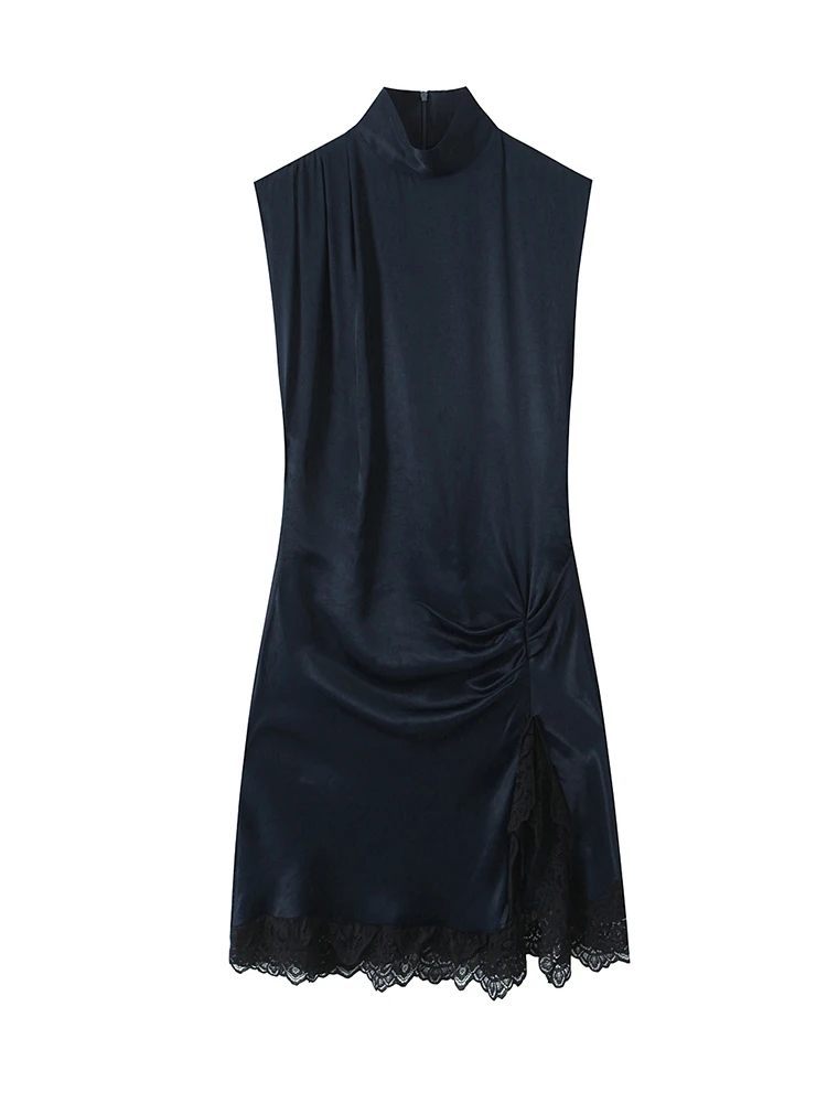 Women Lace Hem Dark Blue Satin Dress Sleeveless Ruched Mini Dresses