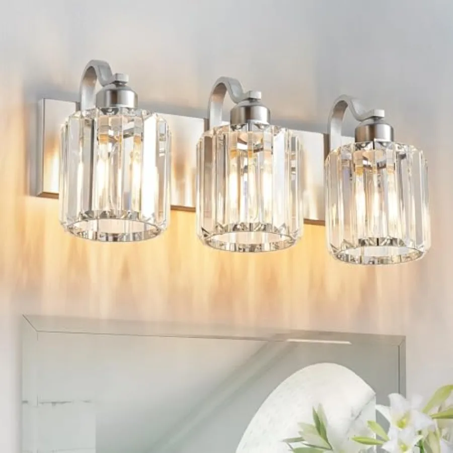 

Modern Vanity Light 3-Lights Brushed Nickel Vanity Light Crystal Bathroom Wall Light Bathroom Light Fixtures with Round Shade E